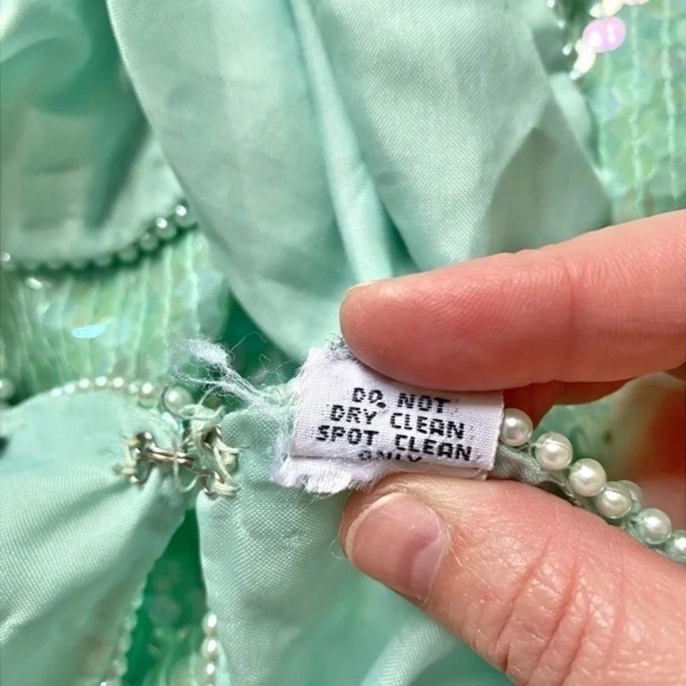 Scala Vintage Fully Sequined Mint Green Short Sleeve Top with Pearl‎ Accents - Picture 11 of 13